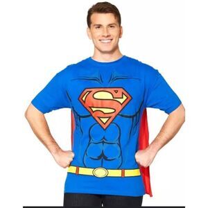The officially licensed Superman Caped mens T-Shirt is a red, blue and yellow 10